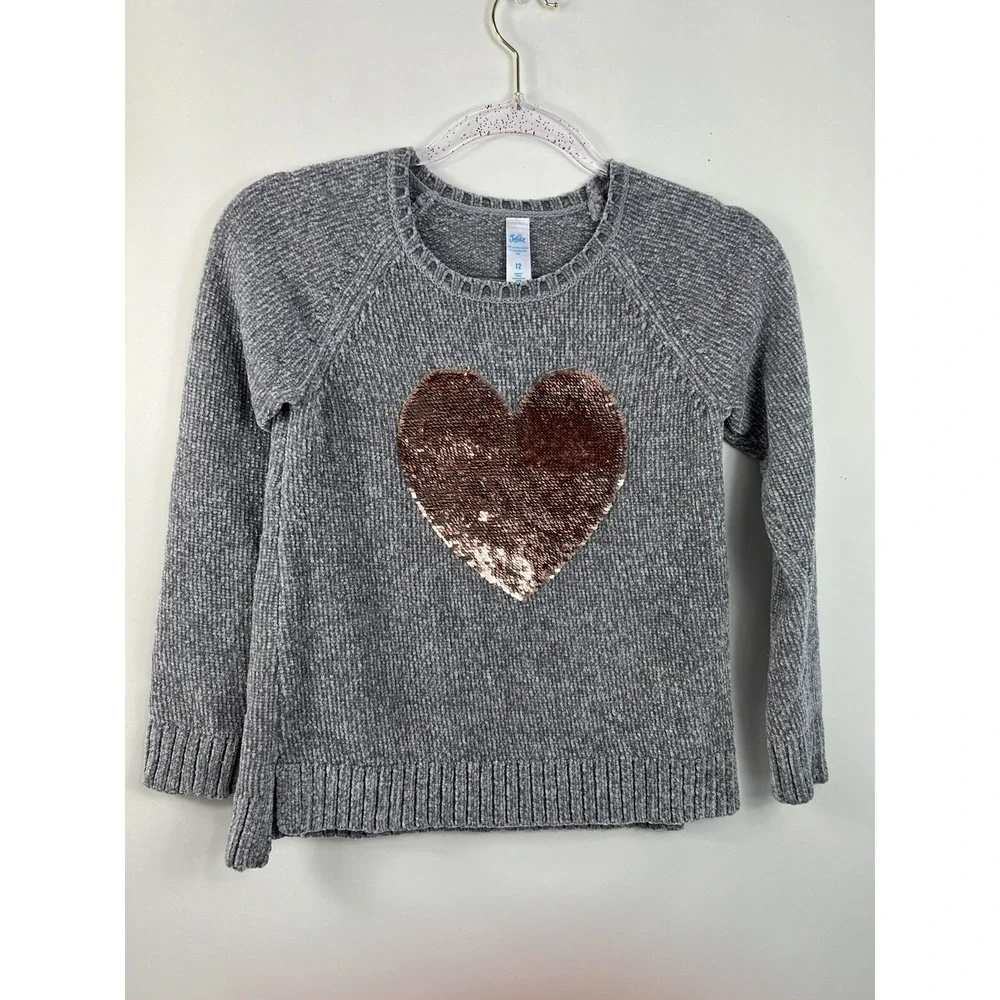 Justice Sweater Girls Sz 12‎ Gray Tan Sequin Heart Side Slits Metallic Threads